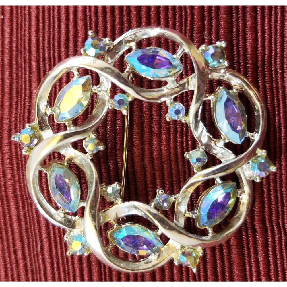 Vintage Unsigned Round Metal Brooch/Pin, Silver Tone Ribbon, Blue Rhinestones